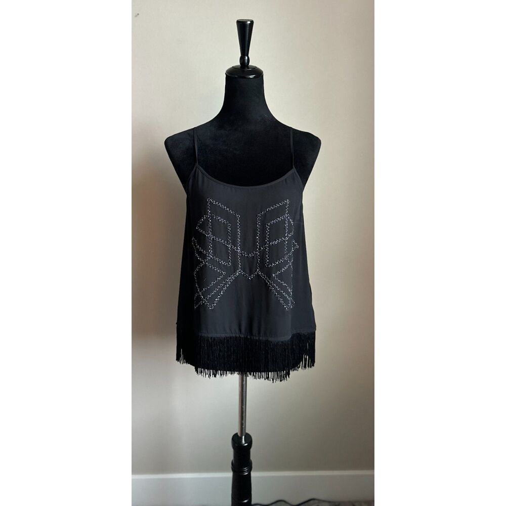 EXPRESS Beaded Fringe Camisole Tank Top in Black Size M